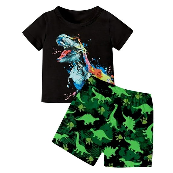 XUELUO Toddler Boys Casual Outfit Sets Kids Summer Dinosaur Print Crew Neck Short Sleeve T Shirts Tops And Shorts Casual Comfortable Sportwear,Black,5-6 Years