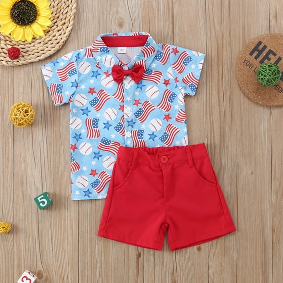 XUELUO Toddler Boys Casual Outfit Sets Short Sleeve Independence Day 4Th Of July Prints T Shirt Tops Shorts Child Kids Gentleman Outfits Clothing Outwear