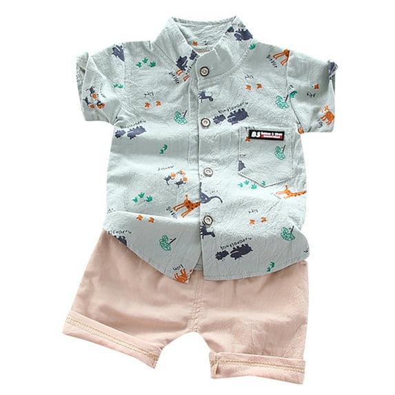 XUELUO Toddler Boys Casual Outfit Sets Summer Cartoon Animal Lapel Botton Down Short Sleeve T Shirt Tops Shorts Gentleman Two Piece Daily-Wear,Green,2-3 Years