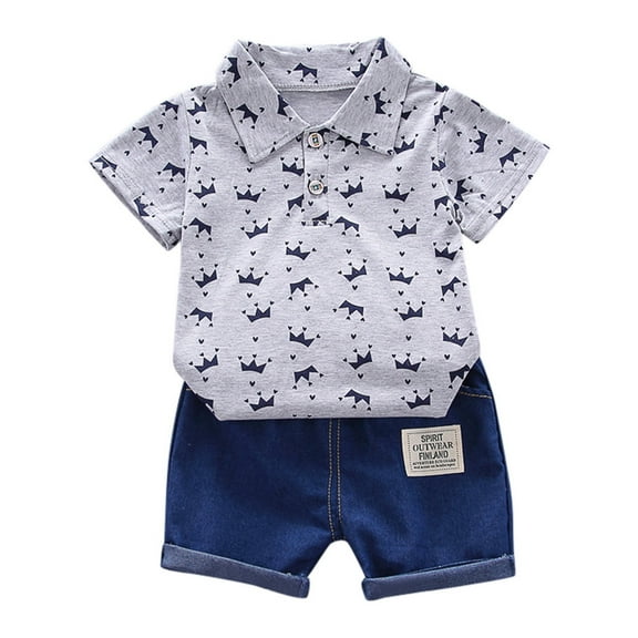 XUELUO Toddler Boys Casual Outfit Sets Summer Cartoon Print Lapel Button Down Short Sleeve Shirts Tops And Denim Shorts Two Piece Outwear,Grey,2-3 Years