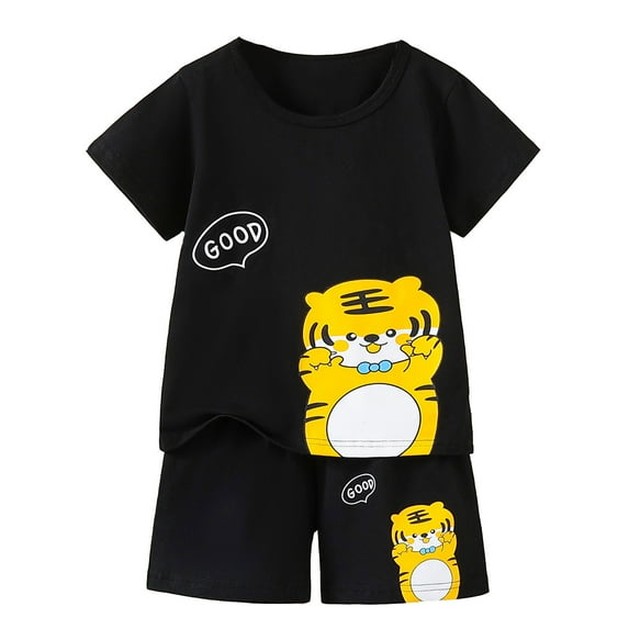 XUELUO Toddler Boys Casual Outfit Sets Summer Cartoon Tiger Print Crew Neck Short Sleeve Shirt Tops And Shorts Fashion 2 Piece Beach Holiday Wear,Black,3-4 Years