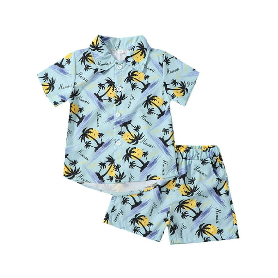 XUELUO Toddler Boys Casual Outfit Sets Summer Coconut Tree Print Lapel Botton Down Short Sleeve T Shirt Tops Shorts Gentleman Two Piece Activewear,Blue,3-4 Years