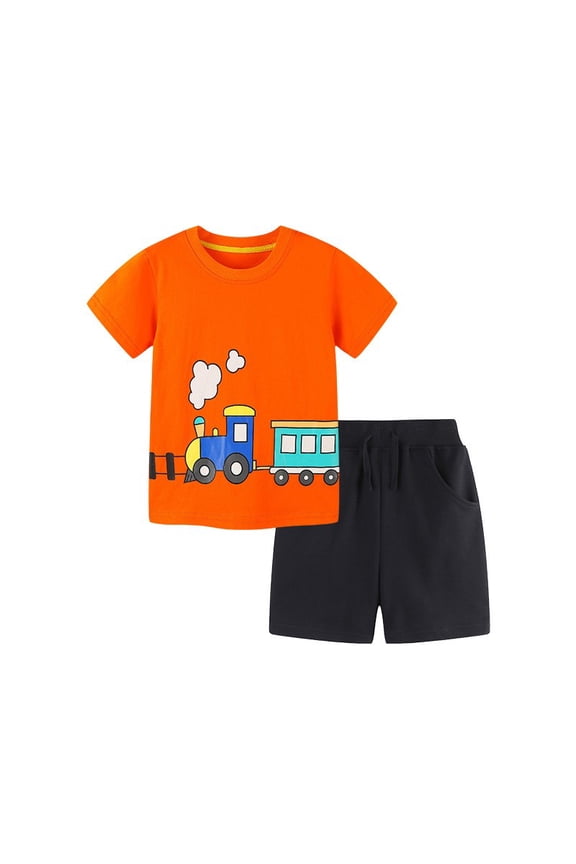 Toddler Boys Casual Outfit Sets Summer Cute Train Print Crew Neck Short Sleeve T Shirt Tops And Shorts 2 Piece Holiday Wear,Orange,4-5 Years