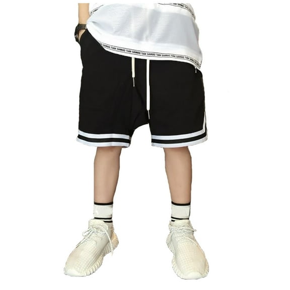 XUELUO Toddler Boys Pants Summer Solid Color Elastic Waist Drawstring Basketball Casual Sports Shorts Pockets Trousers Holiday Wear,Black,4-5 Years