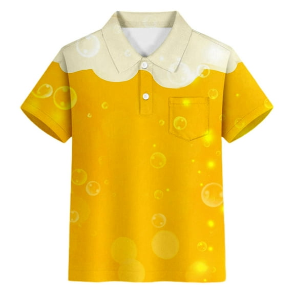 XUELUO Toddler Boys Shirts & Tops Summer Oktoberfest Color Block Print Lapel Button Down Short Sleeve Casual Tops T-Shirts Streetwear,Yellow,3-4 Years