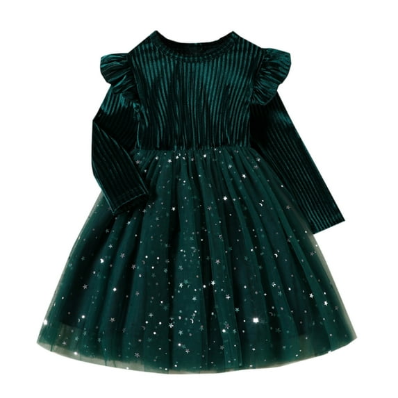 XUELUO Toddler Girl Star Glitter Dress Long Sleeve Dark Green Velvet Ribbed Tulle Skirts Ruffle Shoulder Gown For Gatherings