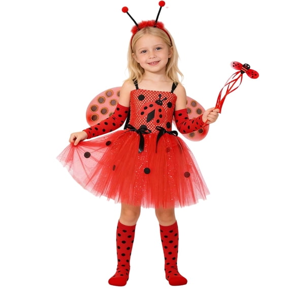 XUELUO Toddler Girls Dress Spaghetti Strap Dot Tulle Skirts With Wings + Socks + Headband + Gloves + Cane Dress-Up Outfit