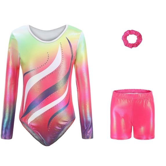 XUELUO Toddler Girls Gymnastics Leotard Set Shiny Gradient Crewneck Top With Shorts Scrunchie Practice Wear Dance Clothes