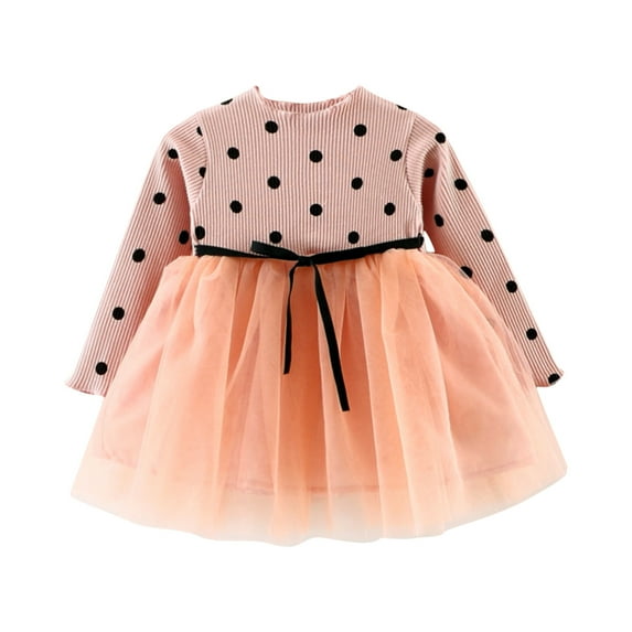XUELUO Toddler Girls Long Sleeve Dress Ribbed Black Polka Dot Bow Belt Layered Tulle Skirts Spring Wear KIds Cute Clothes