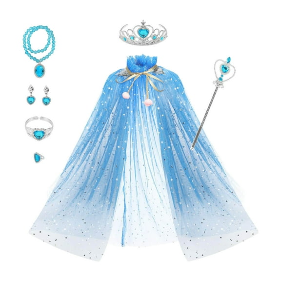 XUELUO Toddler Girls Outfit Sets Party With Star Wand Glitter Headband Jewelry Cape Birthday Dress Up Cloak Daily-Wear,Blue,3-9 Years