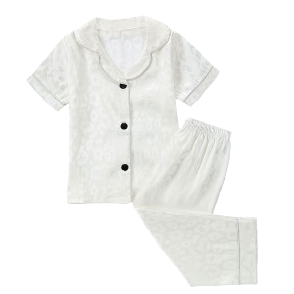 XUELUO Toddler Girls Outfit Sets Summer Leopard Print Lapel Button Down Short Sleeve T Shirt Tops And Pants Casual Sleepwear Two Piece Activewear,White,3-4 Years
