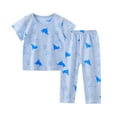 thumbnail image 1 of XUELUO Toddler Girls Outfit Sets Summer Soft Cartoon Dinosaur Print Round Neck Short Sleeve T Shirt Tops And Elastic Waist Pants Outwear,Blue,4-5 Years, 1 of 3