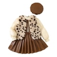 thumbnail image 1 of XUELUO Toddler Girls Outfits Sets Leopard Print Fuzzy Vests + Puff Sleeve Tops + Pleated Skirts And Hats 4pcs Little Girls Clothes, 1 of 9