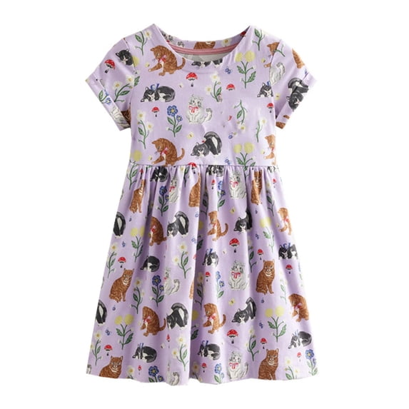 XUELUO Toddler Girls Short Sleeve Dresses Purple Cats Print Pleated Waist Skirts Spring Daily & Casual School Comfy Dress