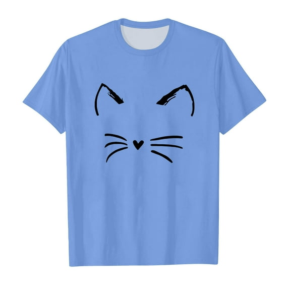 XUELUO Toddler Girls Tops & T-Shirts Summer Cute Cat Print Crew Neck Short Sleeve Casual T Shirts Daily-Wear,Blue,3-4 Years