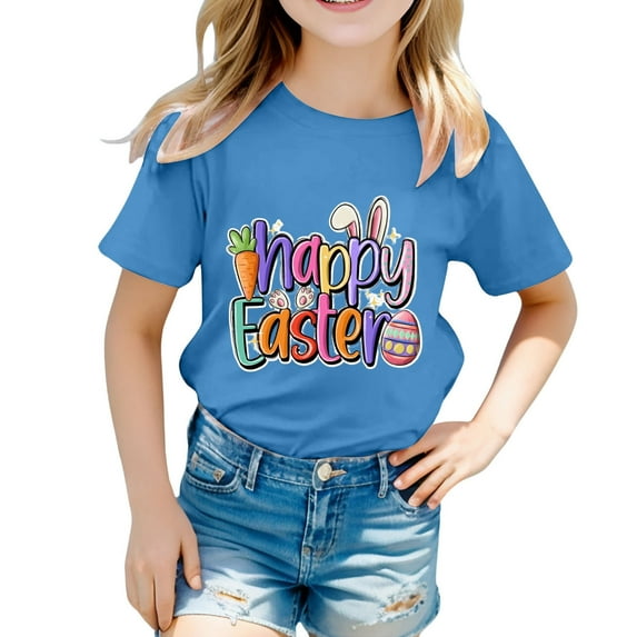 XUELUO Toddler Girls Tops & T-Shirts Summer Easter Bunny Print Cute Graphic Round Neck Short Sleeve Casual T Shirts Activewear,Blue,3-4 Years