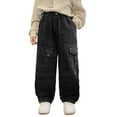 thumbnail image 1 of XUELUO Tween Boys Athletic Shorts And Pants Summer Cargo Denim Solid Color Elastic Waist Wide Leg Jeans Loose Casual Trousers Daily-Wear,Black,11-12 Years, 1 of 9