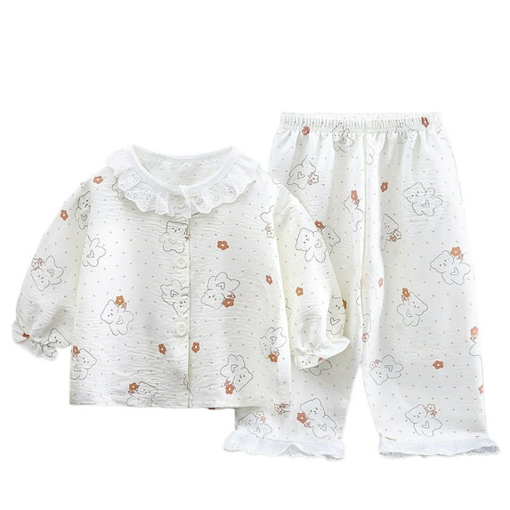 XUELUO Tween Boys Casual Outfit Sets Cartoon Bear Print Round Neck Button Long Sleeve Tops With Pants Loose Casual Streetwear,White,11-15 Years