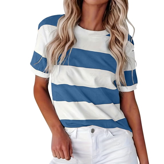 XUELUO Womens T-Shirts Crewneck Long Sleeve Wide Stripe Pattern Tshirts Soft Relaxed Daily Commute Summer Tops For Lady