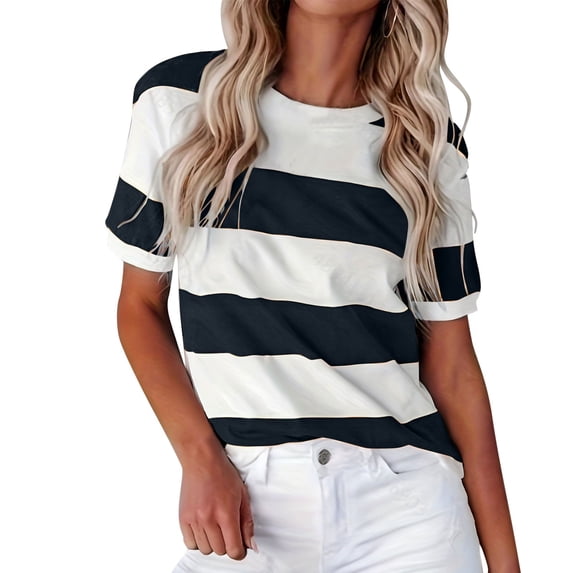 XUELUO Womens T-Shirts Crewneck Long Sleeve Wide Stripe Pattern Tshirts Soft Relaxed Daily Commute Summer Tops For Lady