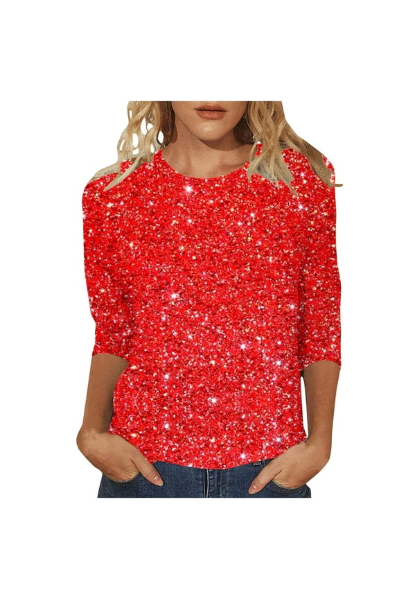 Womens T-Shirts Knit Three Quarter Sleeve Crewneck Star Speckle Print Tee Spring Work Commute Fashion Ladies Tops
