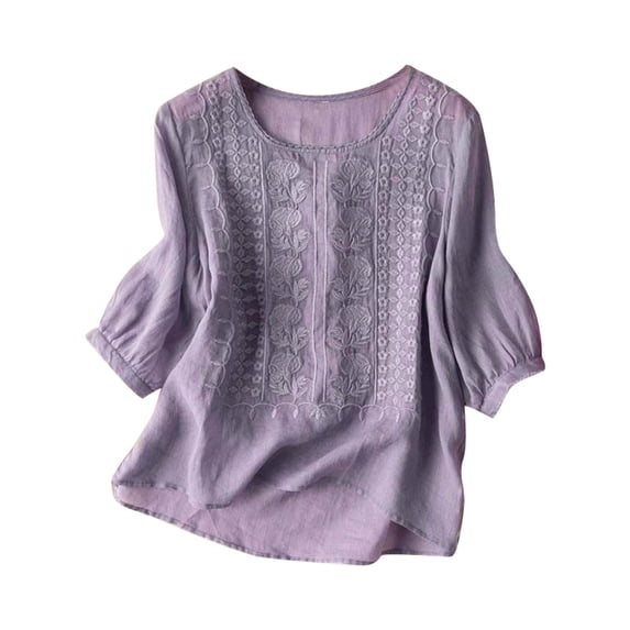 XUELUO Womens T-Shirts Linen Elbow Sleeve Round Neck Floral Embroidery Tshirts Bohemian Spring Daily Lady Casual Tee Tops