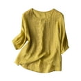 thumbnail image 1 of XUELUO Womens T-Shirts Linen Elbow Sleeve Round Neck Floral Embroidery Tshirts Bohemian Spring Daily Lady Casual Tee Tops, 1 of 3