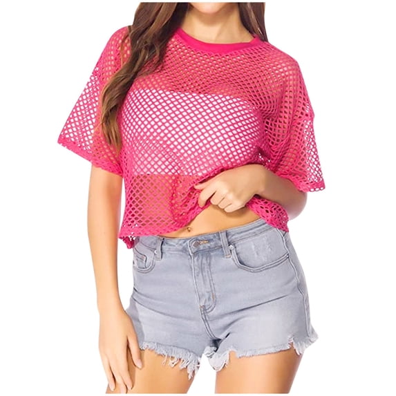 XUELUO Womens T-Shirts Short Sleeve Crew Neck Neon Fishnet Mesh Cropped Tshirts Summer Beach Cover Up Lady Carnival Tees