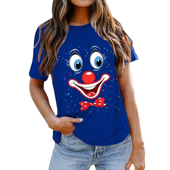 XUELUO Womens T-Shirts Short Sleeve Round Neck Clown Graphic Pattern Tshirts Carnival Party Summer Funny Loose Lady Tops