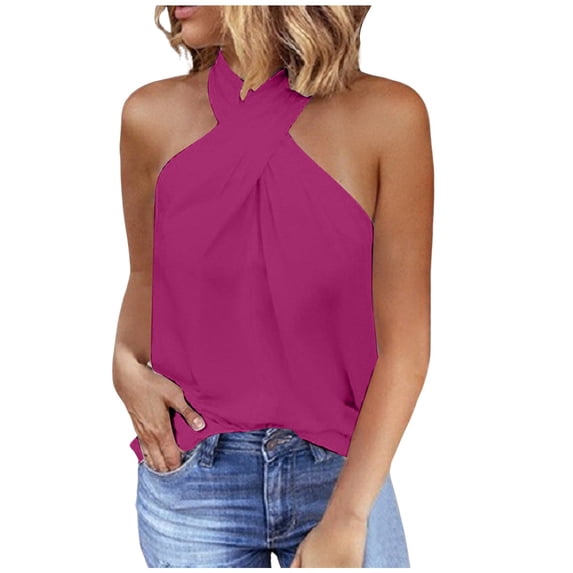 XUELUO Womens T-Shirts Solid Crossover Halter Neck Sleeveless Tee Shirts Fitted Summer Valentine Date Daily Tops For Lady