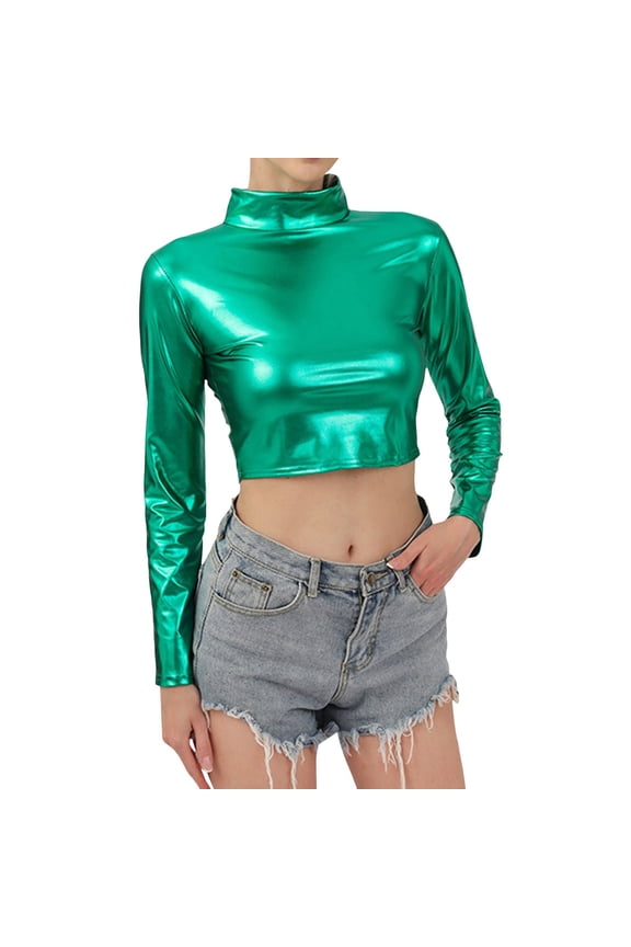 Womens T-Shirts Solid Semi Turtleneck Long Sleeve Metallic Color Cropped Tshirts Slim Carnival Party Summer Chic Top