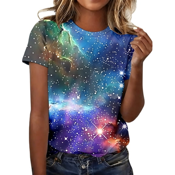 XUELUO Womens T-Shirts Summer Raglan Short Sleeve Crewneck Galaxy Print Tshirts Daily Loose Comfortable Ladies Chic Tees