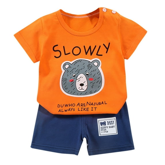 XUELUO Xueluo Baby Boys Casual Outfit Sets Summer Cartoon Bear Print Crew Neck Short Sleeve T Shirt Tops Shorts Two Piece Daily-Wear,Orange,6-12 Months Daily-Wear,Orange,6-12 Months