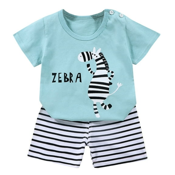 XUELUO Xueluo Baby Boys Casual Outfit Sets Summer Cartoon Zebra Print Crew Neck Short Sleeve T Shirt Tops Shorts Two Piece Streetwear,Blue,3-6 Months Streetwear,Blue,3-6 Months