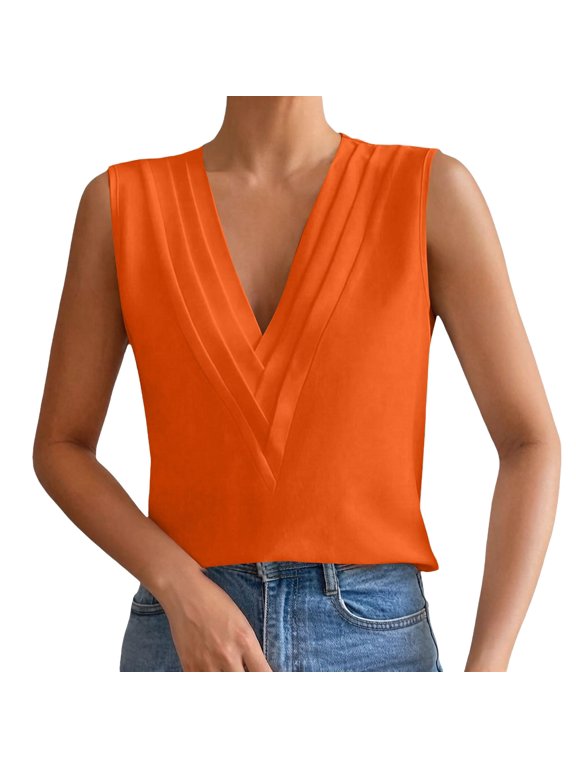 Orange Womens Tops Fashion Clothing Tank Tops For Women XL Sleeveless Chiffon For Summer Triple V Neck Business Outfit Tops