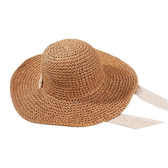 XUEMAO Sun Hats for Women Foldable Crochet Knit Lace Tie Large Brim Hat Sunhat Summer Hat Khaki