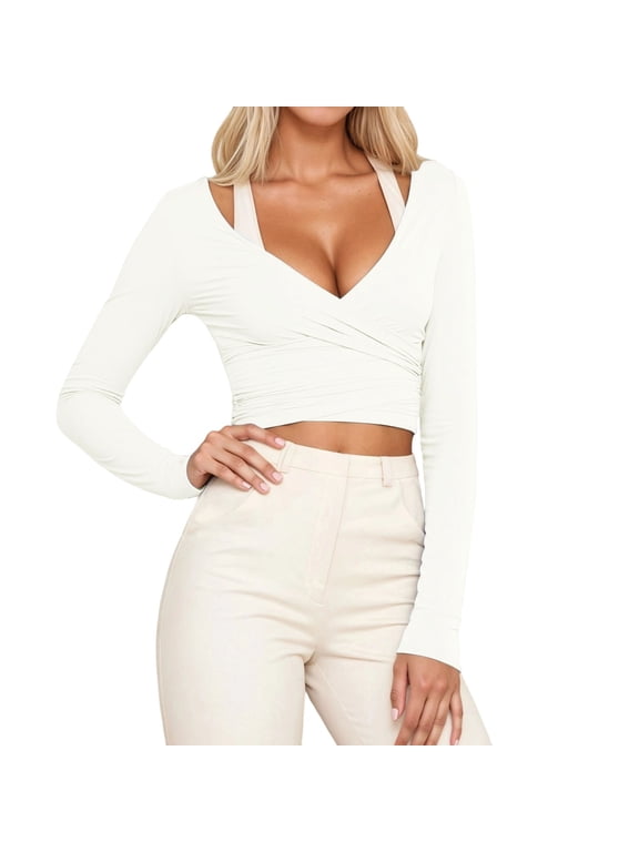 Spring Tops for Women 2026 Trendy, Ballet Pilates Wrap Self Tie Shirts Long Sleeve Workout Clothes for Women Cropped Deep V Neck Yoga Blouses White, S