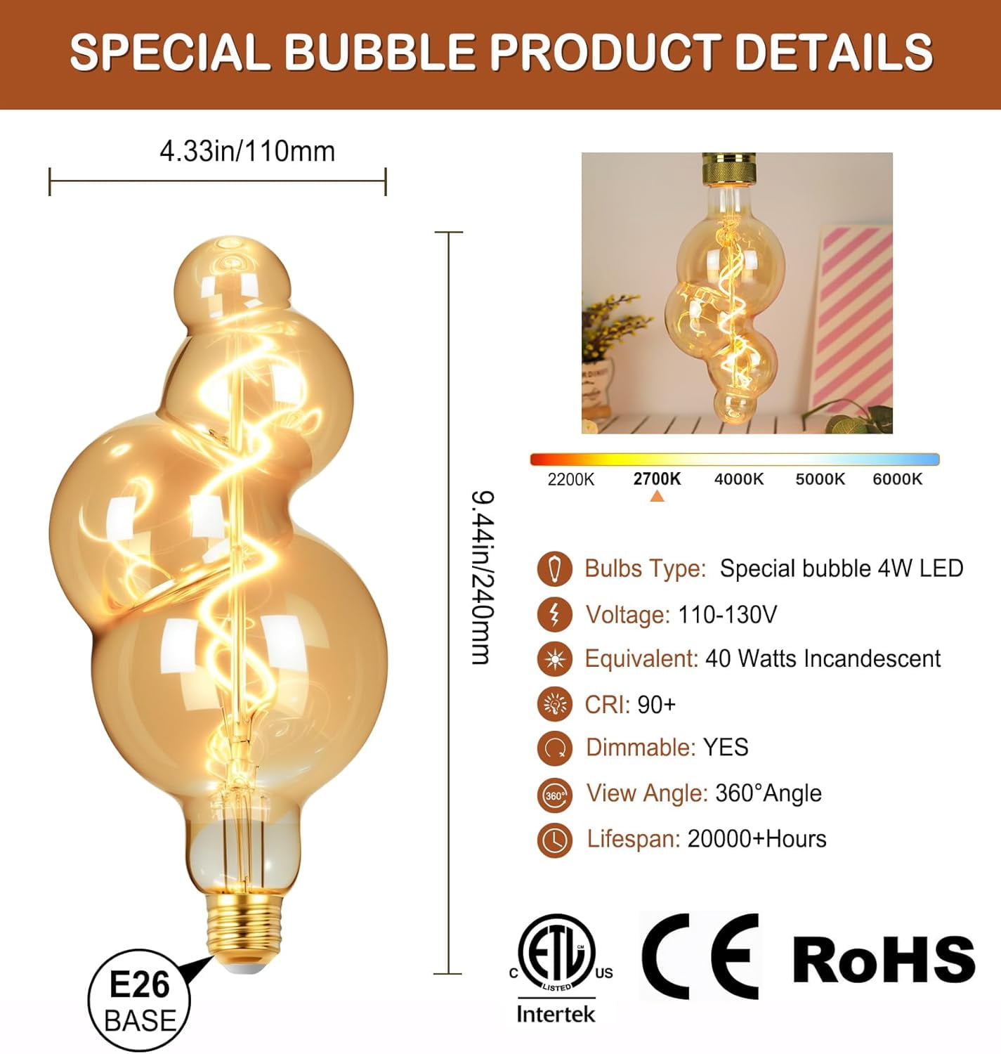 XUERUI-40 Watt Decorative Vintage LED Light Bulbs, Special Bubble 4W