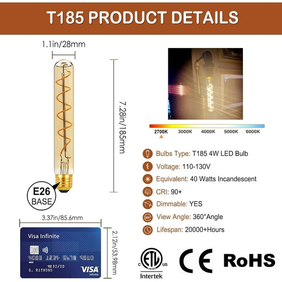 XUERUI-40 Watt Decorative Vintage LED Light Bulbs, T185 Extended Bulb Golden 4W LED Filament Edison Bulb,2700K Oversized Warm Lights,Dimmable E26 Lamp Base,1-Pack-Gold