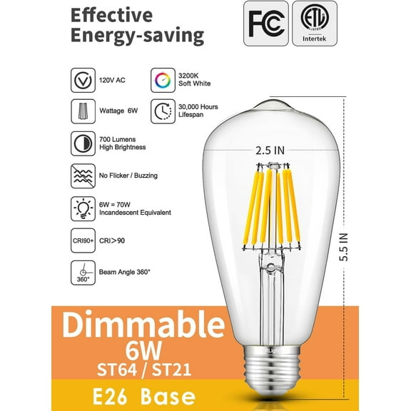 XUERUI-6W LED Edison Bulb 3200K Soft White 70W Equivalent 700 LM Dimmable, E26 Vintage Edison ST64 Clear Glass LED Light Bulbs, Pack of 3