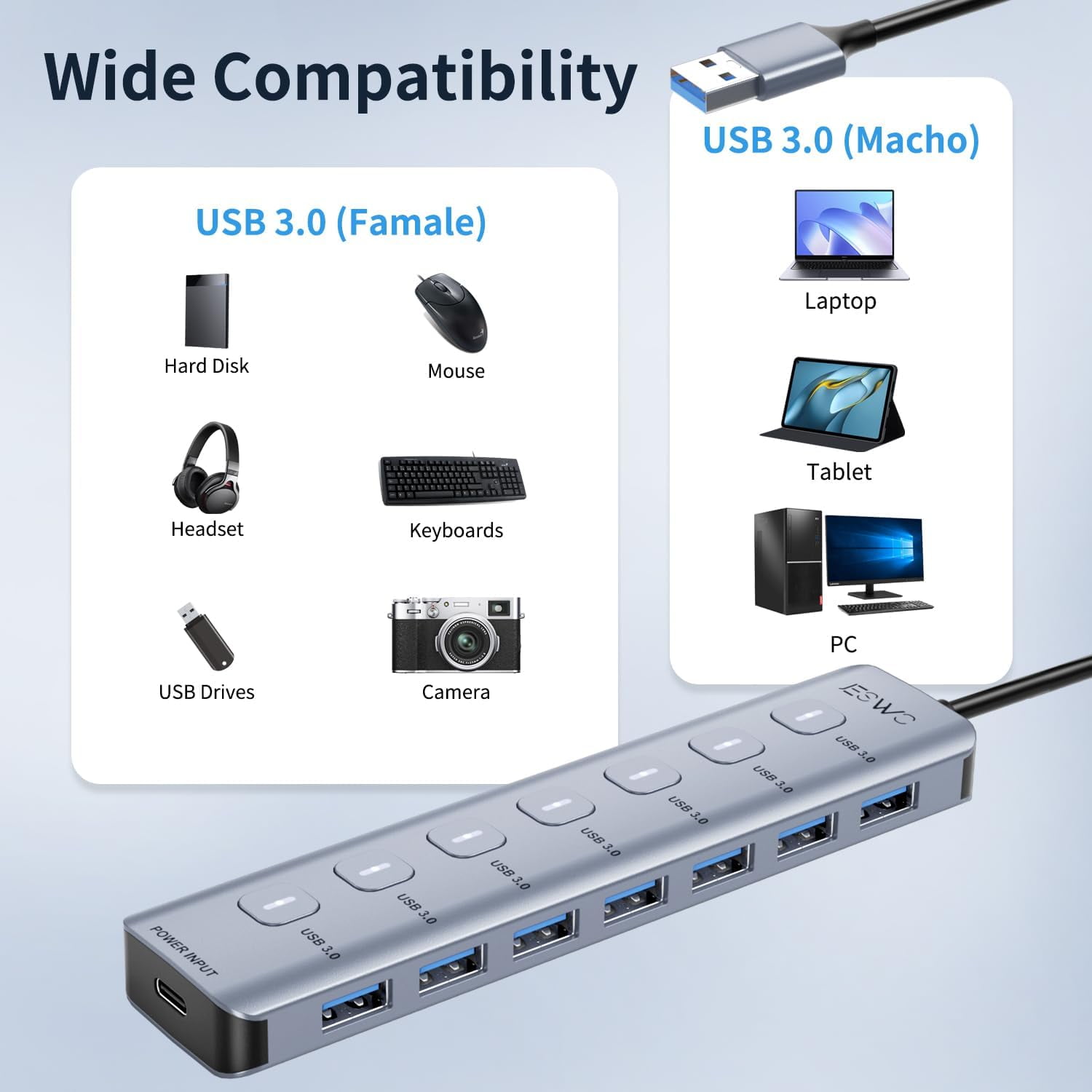 XUERUI-7-Port USB 3.0 Hub — Aluminum Alloy 7X USB-A Ports with ...