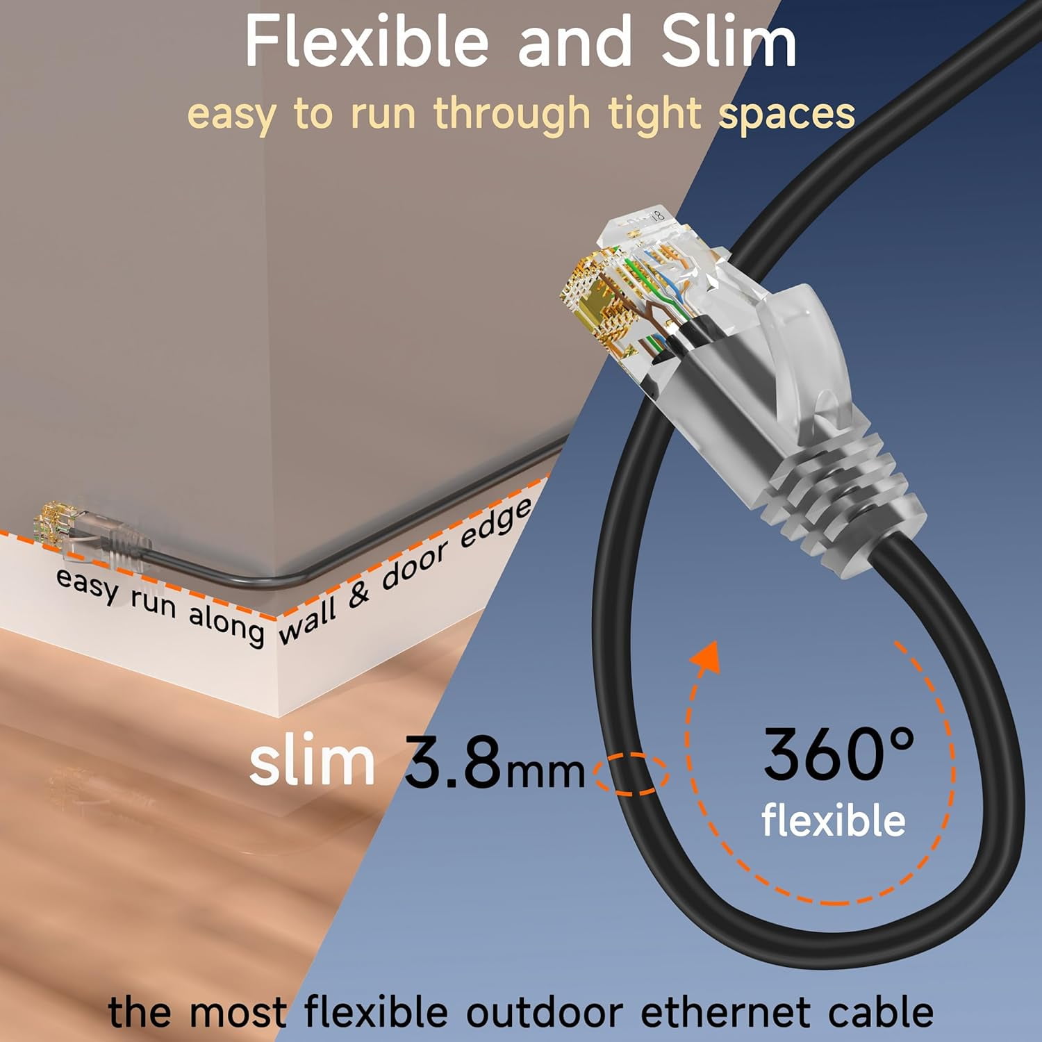 XUERUI-Cat6a Slim Ethernet Patch Cable 150ft Outdoor & Indoor, Flexible 10G Cat6 Internet Network Cable Waterproof LLDPE UV Jacket, Pure Copper Cat 6 Ethernet Cable for POE, Black