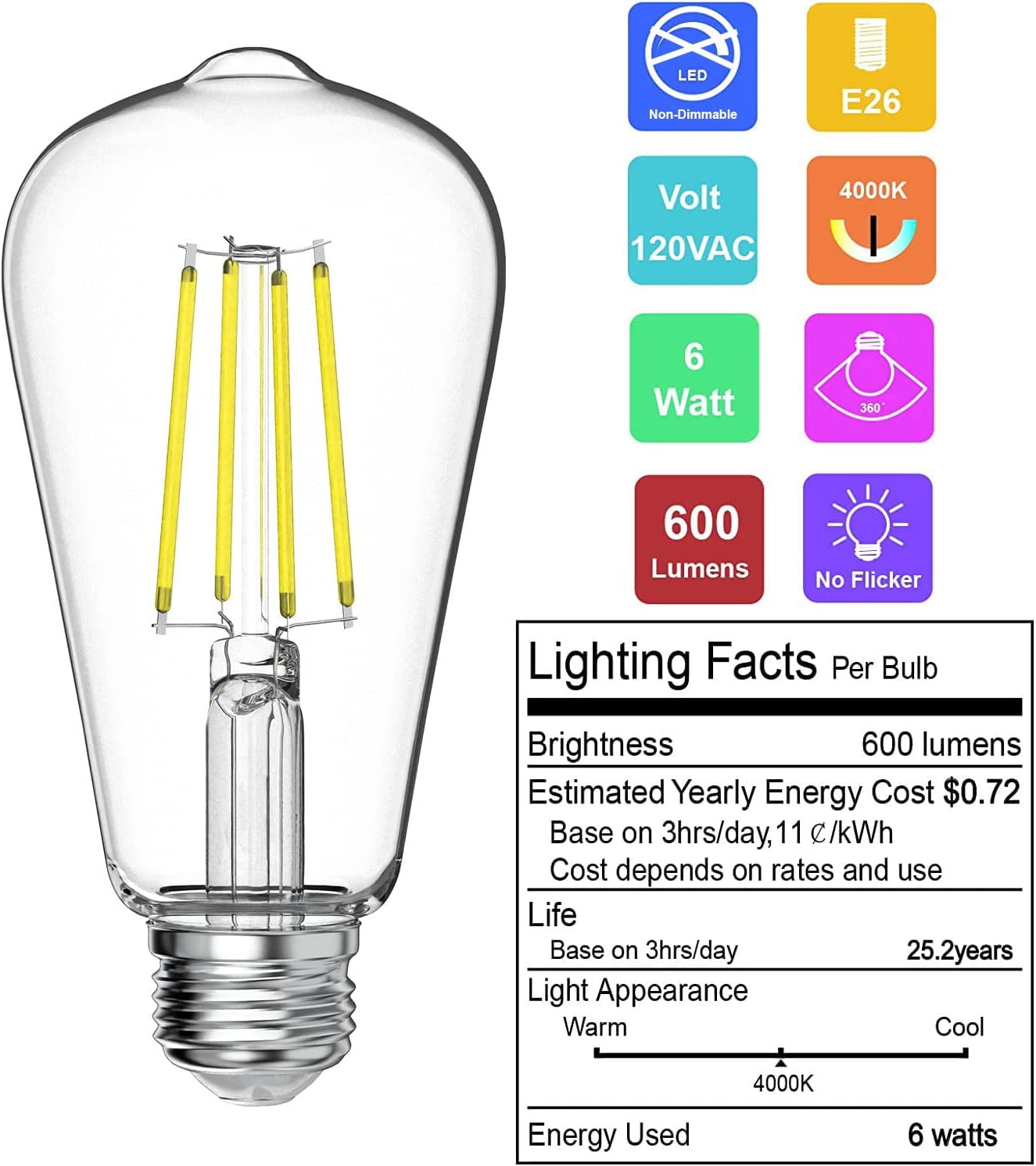 XUERUI-Daylight Bulbs 4000K LED E26 60W, 6W Equivalent to 60W Edison ...