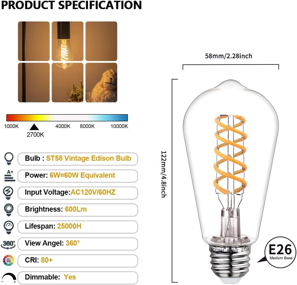XUERUI-Dimmable Edison Bulbs, 6W Equivalent to 60W Vintage LED Bulbs ...