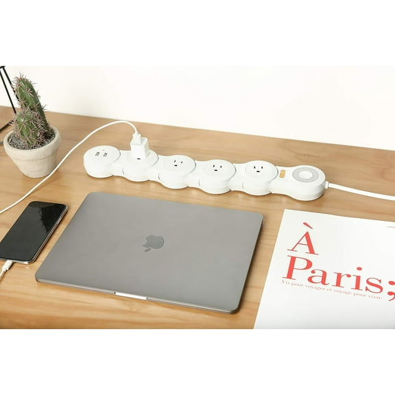 XUERUI-Flexible Surge Protector Power Strip, 6 Feet Long Cord 4 Outlets 2 USB 10V/13amp Flat Plug with Overload Protection Extension Cord,Suitable for Home Office Travel,White