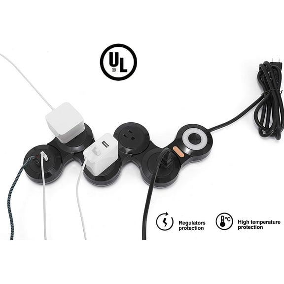 XUERUI-Flexible Surge Protector Power Strip, 6 Feet Long Cord 4 Outlets 2 USB 10V/13amp Flat Plug with Overload Protection Extension Cord,Suitable for Home Office Travel,Black