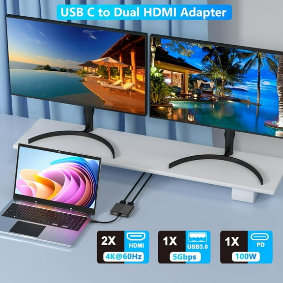 XUERUI-HDMI Splitter for Dual Monitors, 4K@60Hz USB C to Dual HDMI Adapter for Dell/HP/Mac Laptops with PD, USB3.0, Double HDTV Adapter for 2 Monitors, HDTV Splitter Extended Display, USB-C Hub Mult