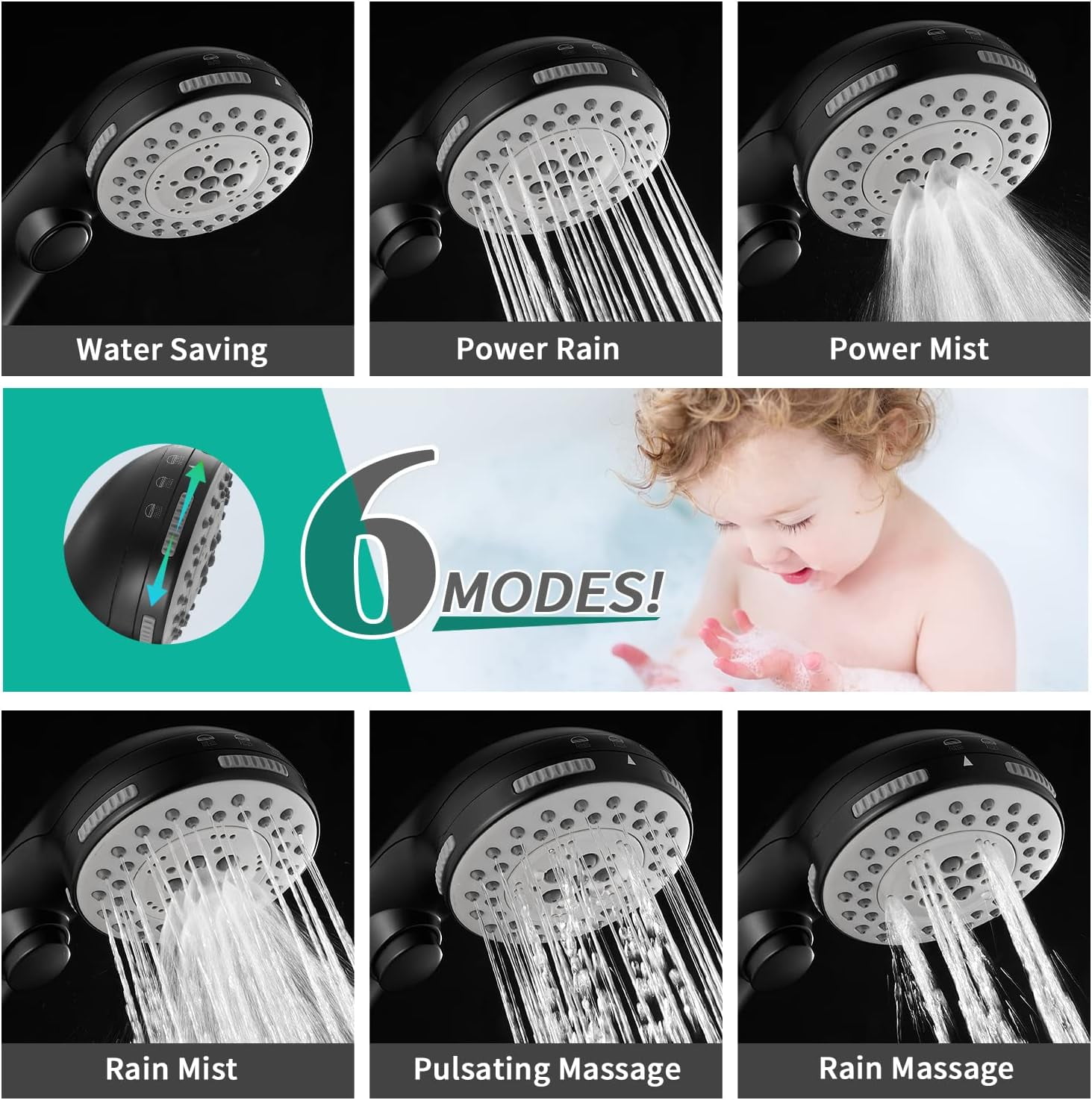 XUERUI-High Pressure 6 Setting Shower Head with Handheld, Shower Heads ...