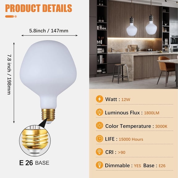 XUERUI-Oversized Decorative LED Light Bulbs 12W 1800LM (Eqi. 150W) Dimmable Vintage Edison Bulbs E26 Large Globe Bulb Milky Glass for Home Office,Warm White, 1 Pack (Warm White (3000K), VA132WT)