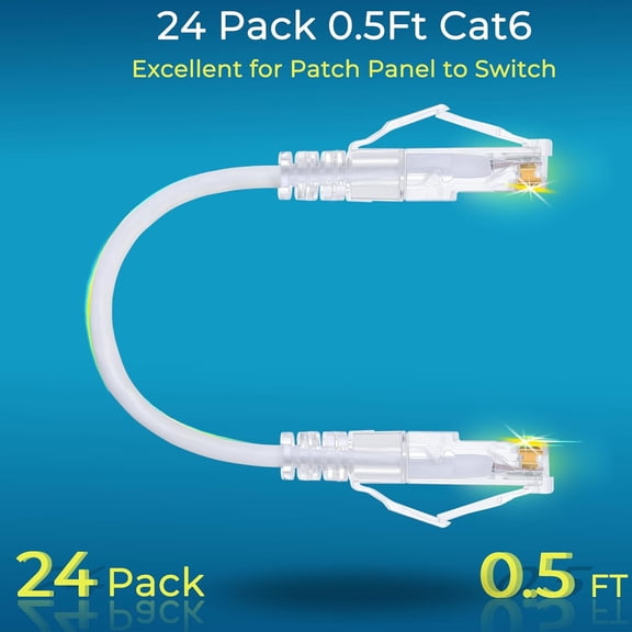 XUERUI-Patch Cables Cat6/ Cat6a 0.5ft (24 Pack) Slim, Cat6a Ethernet Patch Cable 10G Support, Snagless Cat 6 Patch Cable for Patch Panel to Switch, Flexiable Cat6 Ethernet Cable White